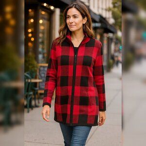 Adrienne Vittadini Red and Black Buffalo Check Full Zip Sweater Women's Sz M